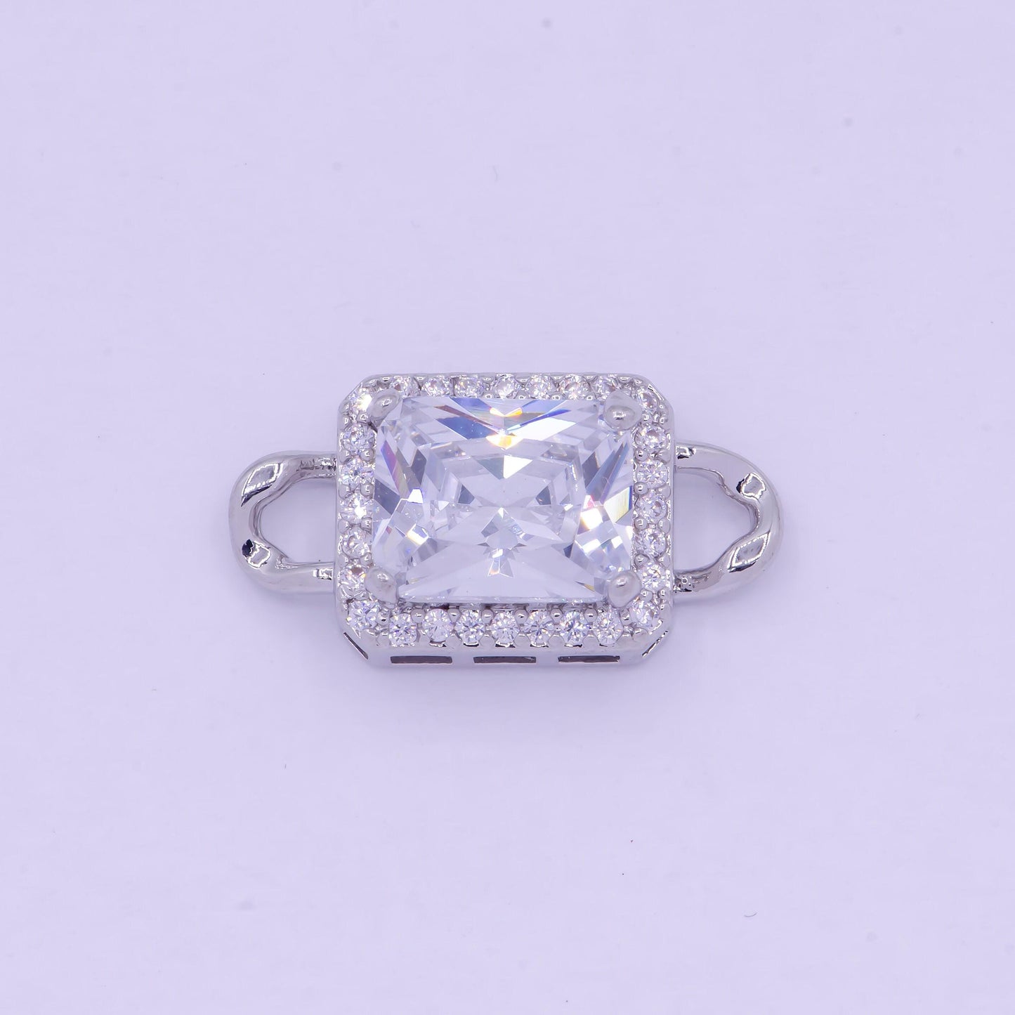 Bright silver clear rectangular medallion royal charm connector, white gold plated clear micro pave cz rectangule link connector | f-765