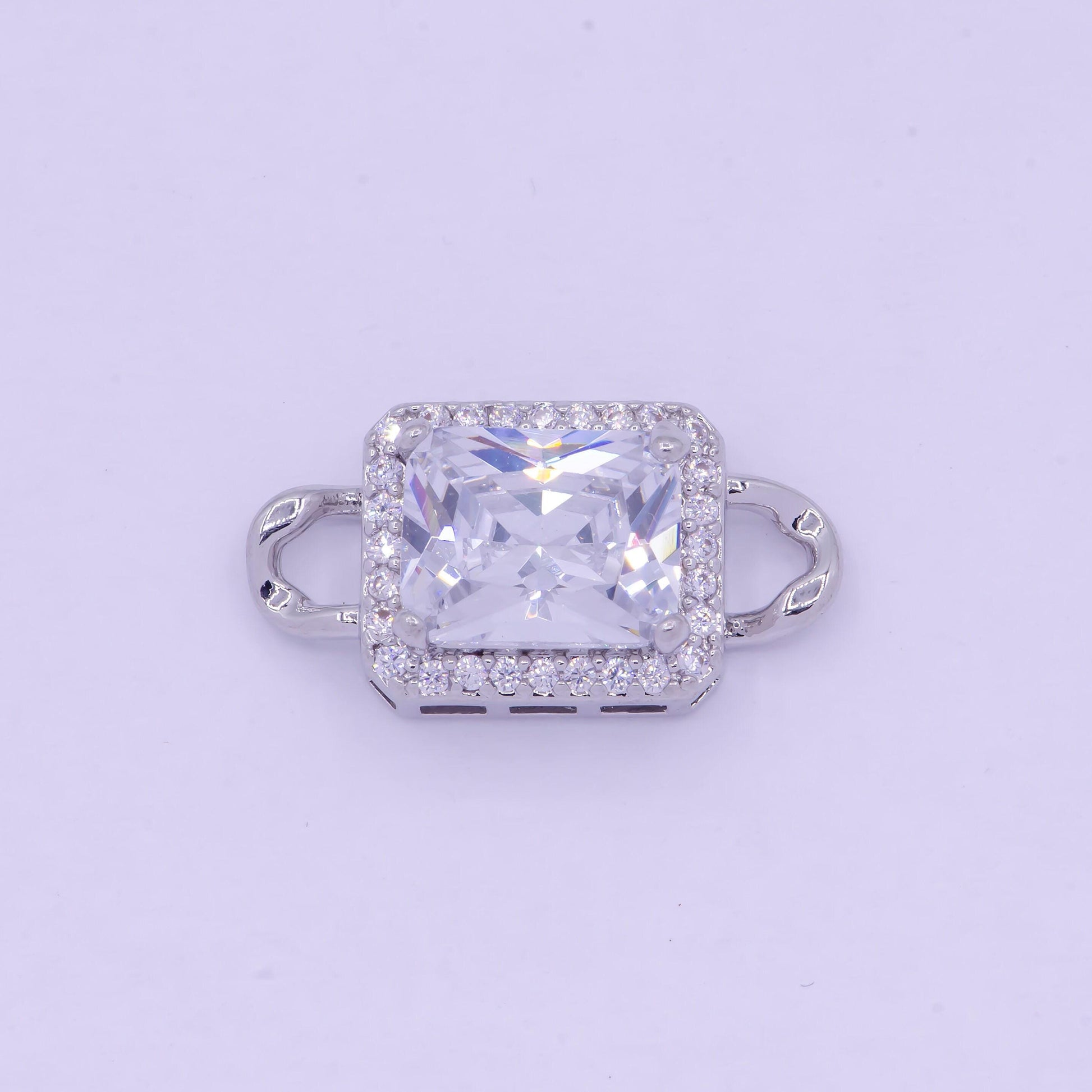 Bright silver clear rectangular medallion royal charm connector, white gold plated clear micro pave cz rectangule link connector | f-765