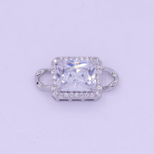 Bright silver clear rectangular medallion royal charm connector, white gold plated clear micro pave cz rectangule link connector | f-765