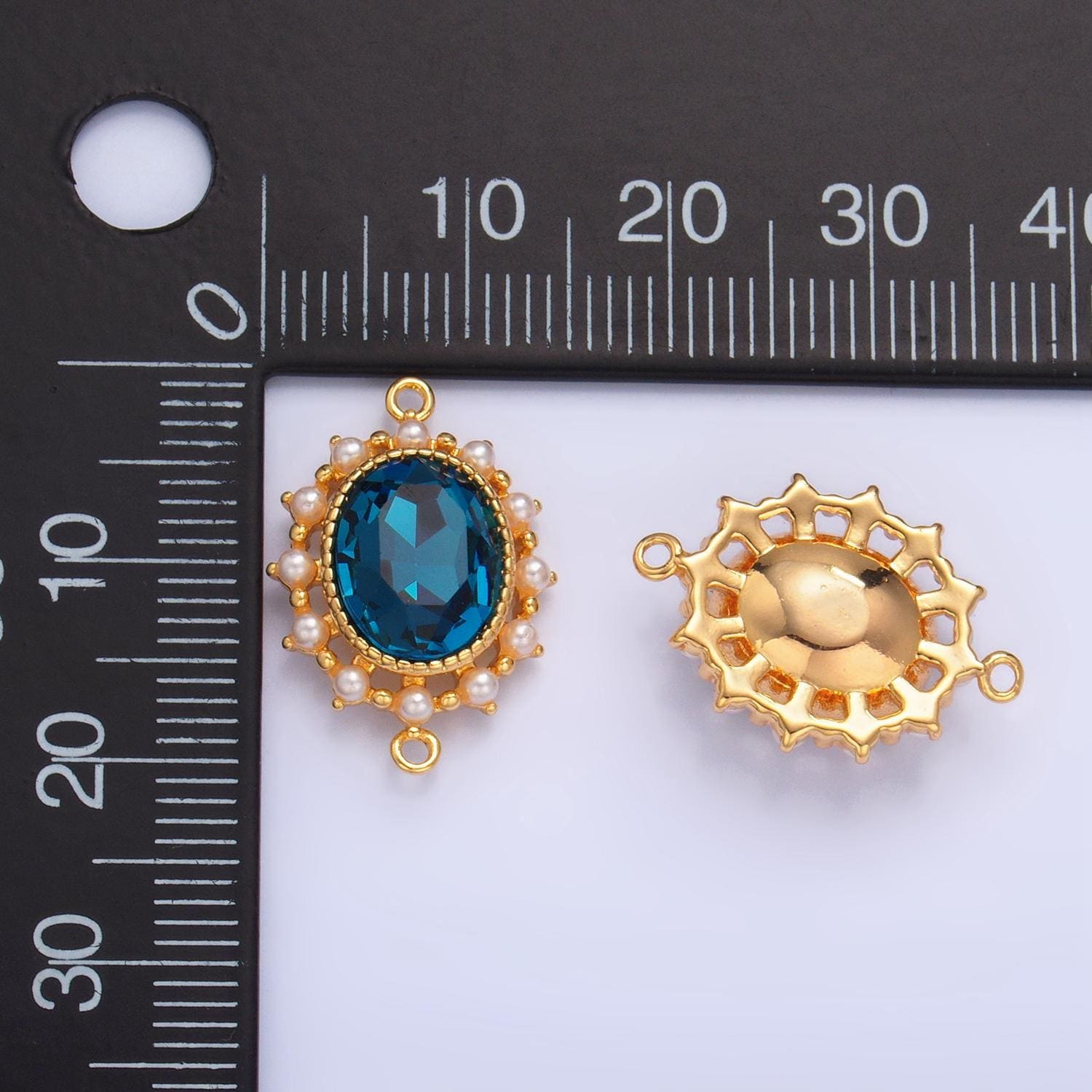Blue cz oval shaped bezel shell pearl 24k gold filled charm connector | f-729