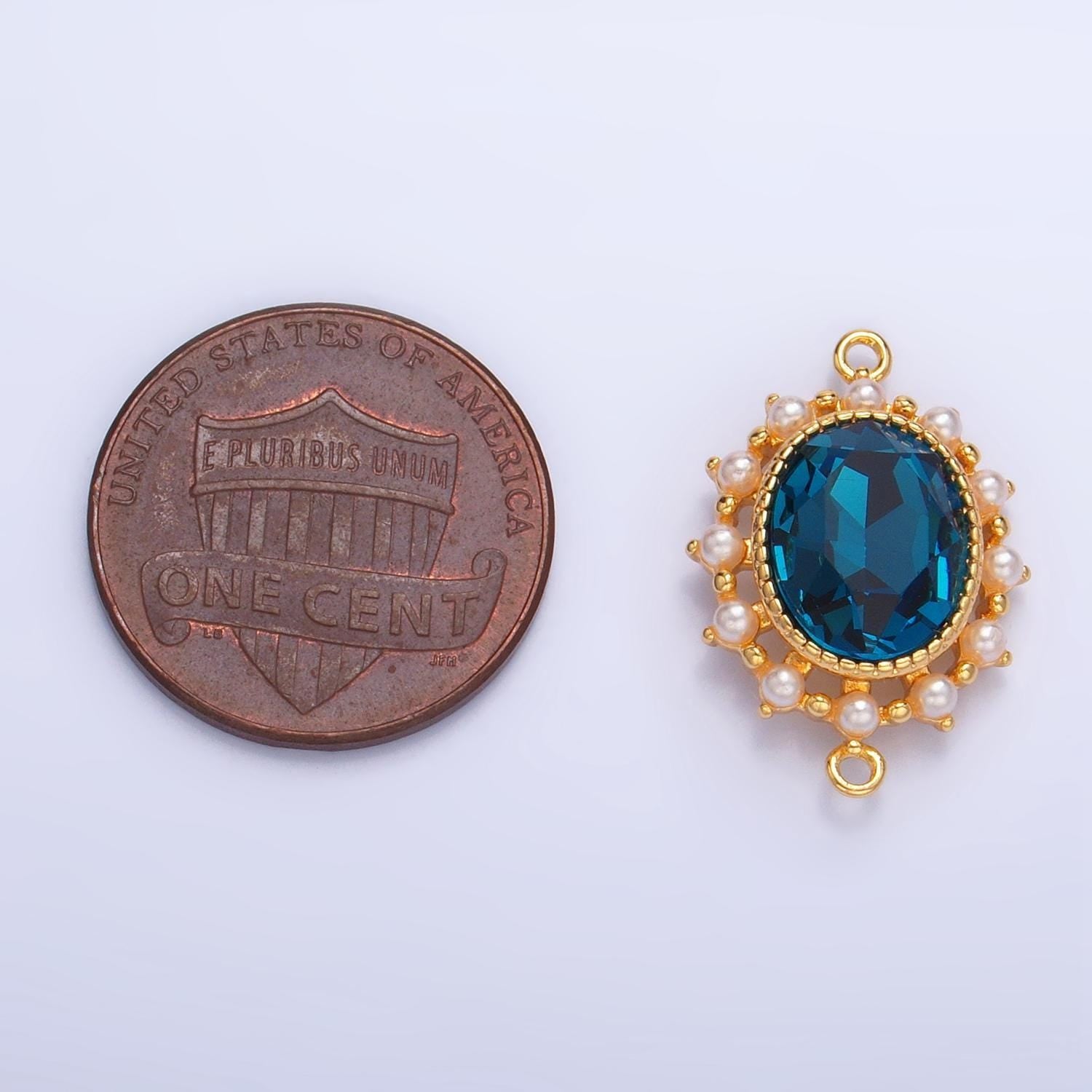 Blue cz oval shaped bezel shell pearl 24k gold filled charm connector | f-729