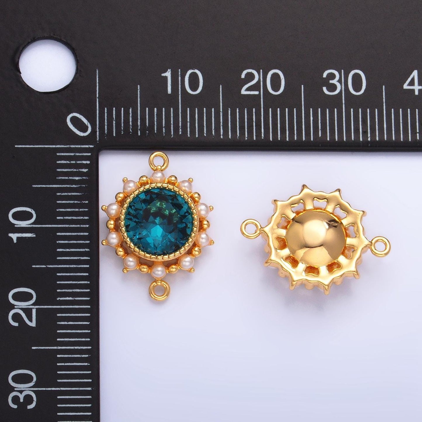 Blue cz round bezel shell pearl 24k gold filled charm connector | f-719