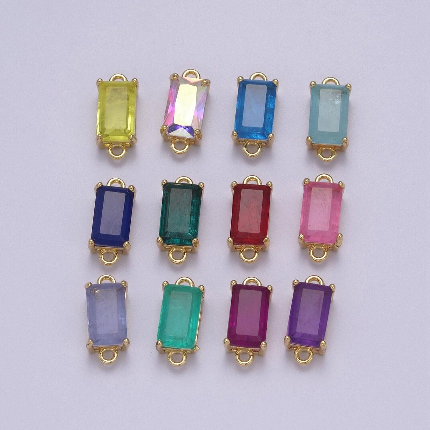 Rectangle solitaire cz birthstone charm connector geometric diamond cut dainty cubic zirconia connector for necklace earring supply two hole