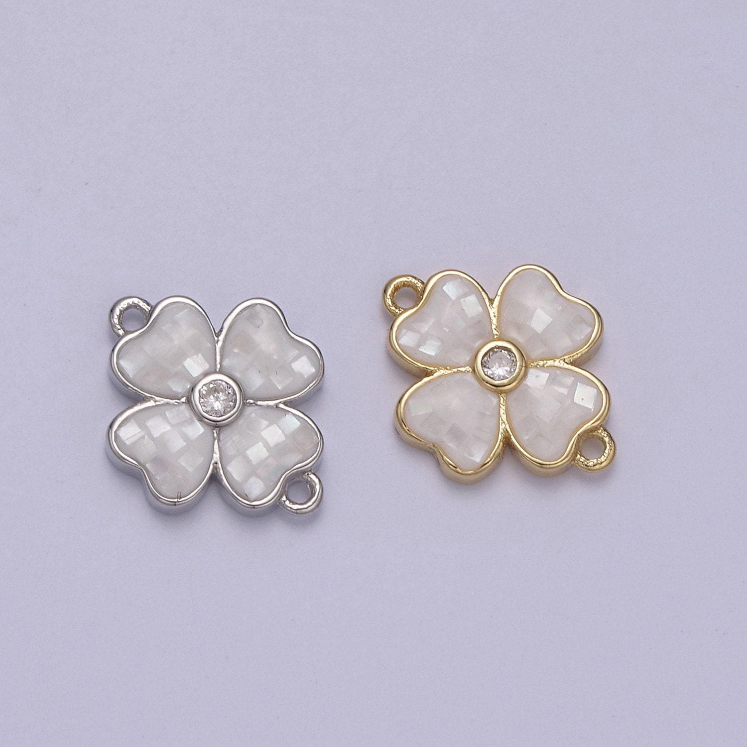 Gold clover charm connector silver white shell lucky flower leaf shaped connector with 2 hole - jewelry supplies | f-705, f-706