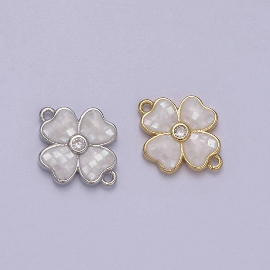Gold clover charm connector silver white shell lucky flower leaf shaped connector with 2 hole - jewelry supplies | f-705, f-706