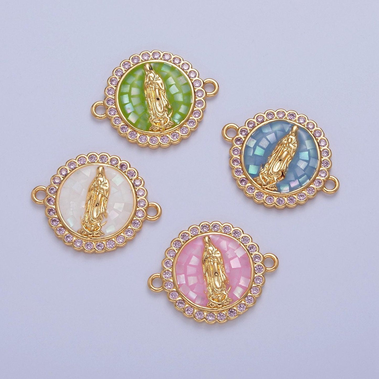 24k gold filled micro pave cz lady guadalupe cathedral stained-window design charm connector, cz pave virgin mary charm | f-651~ f-654
