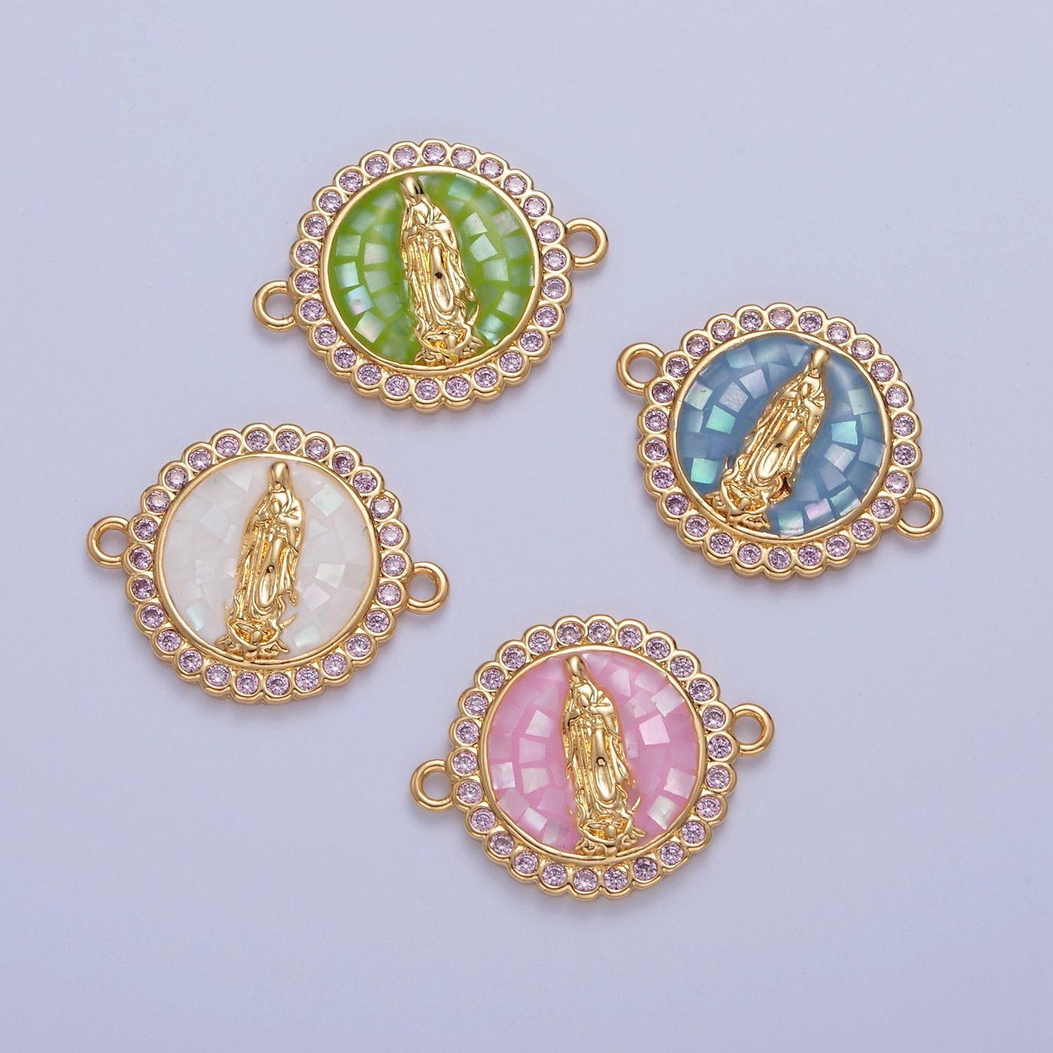 24k gold filled micro pave cz lady guadalupe cathedral stained-window design charm connector, cz pave virgin mary charm | f-651~ f-654