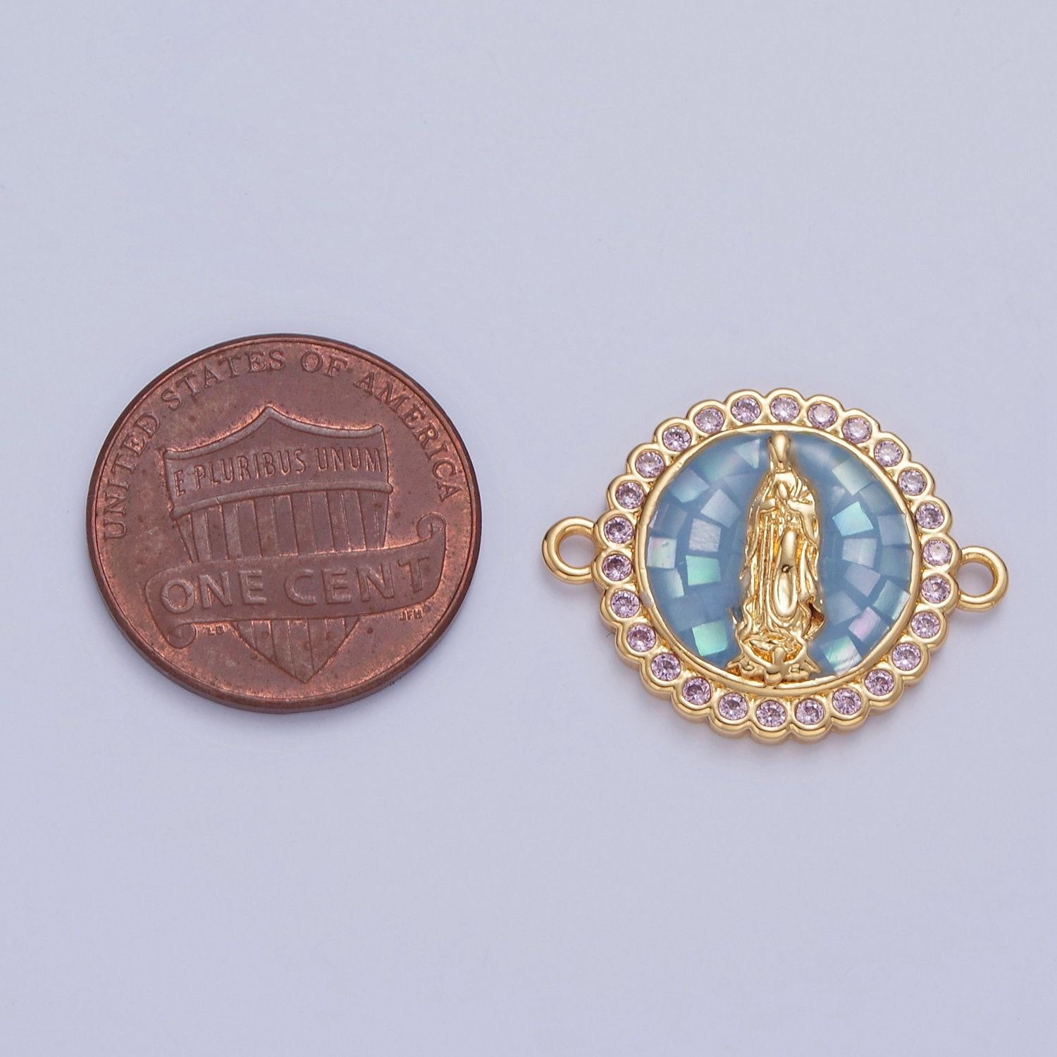 24k gold filled micro pave cz lady guadalupe cathedral stained-window design charm connector, cz pave virgin mary charm | f-651~ f-654