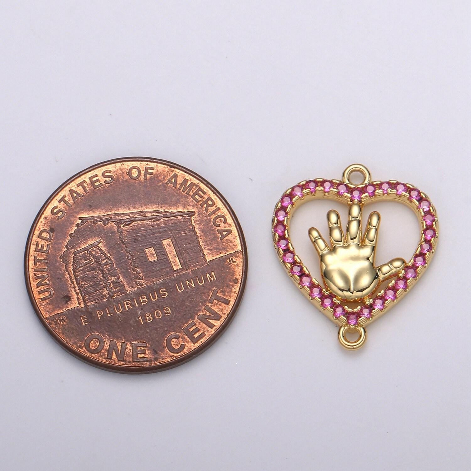1pc red and clear 24k gold micro pave cz heart pendant charm, hand micro pave cz pendant hi five charm for diy jewelry, f-573, f-574
