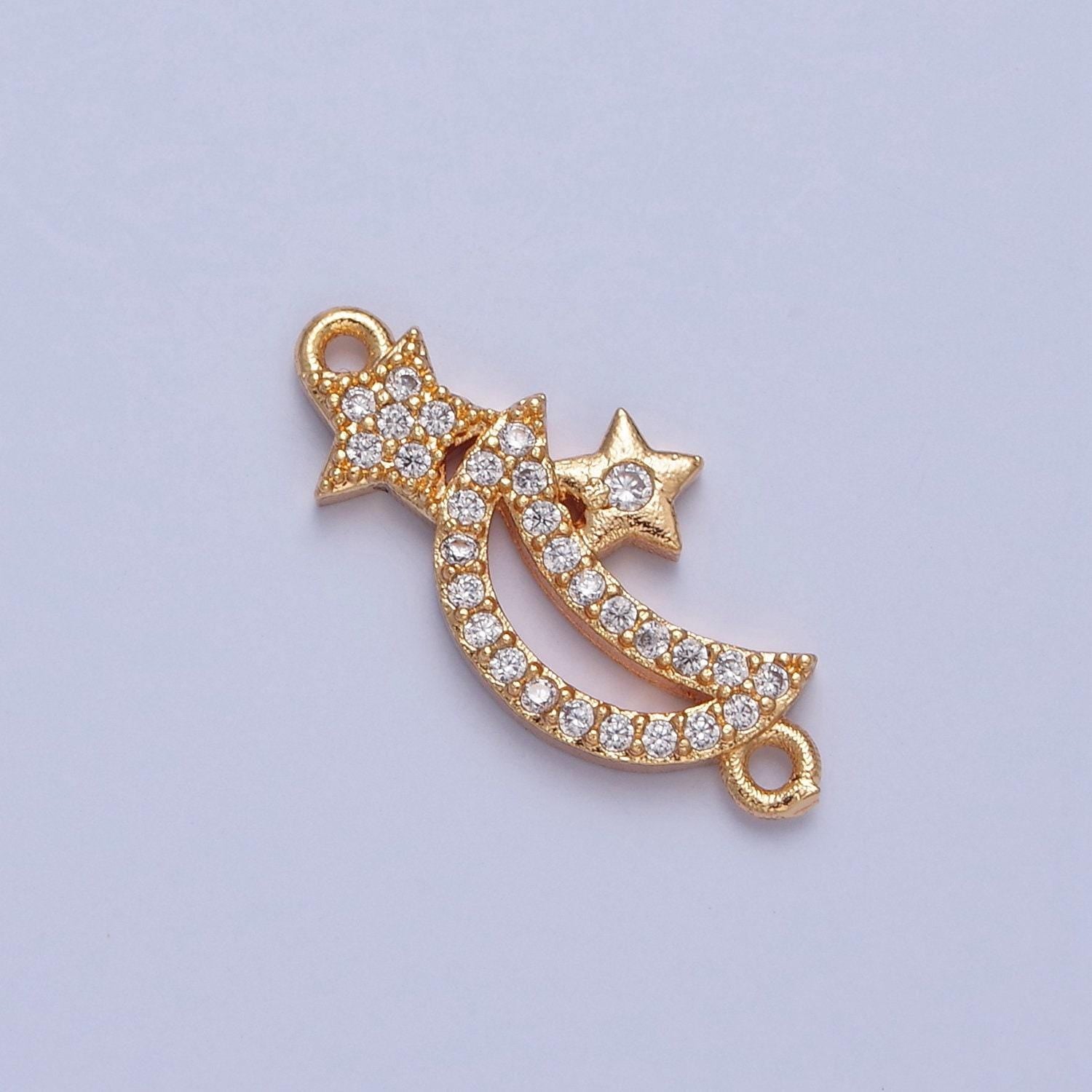 16k gold filled moon and stars micro pave cz stone connector, add on celestial night charm crystal cz for necklace bracelet supply | f-556