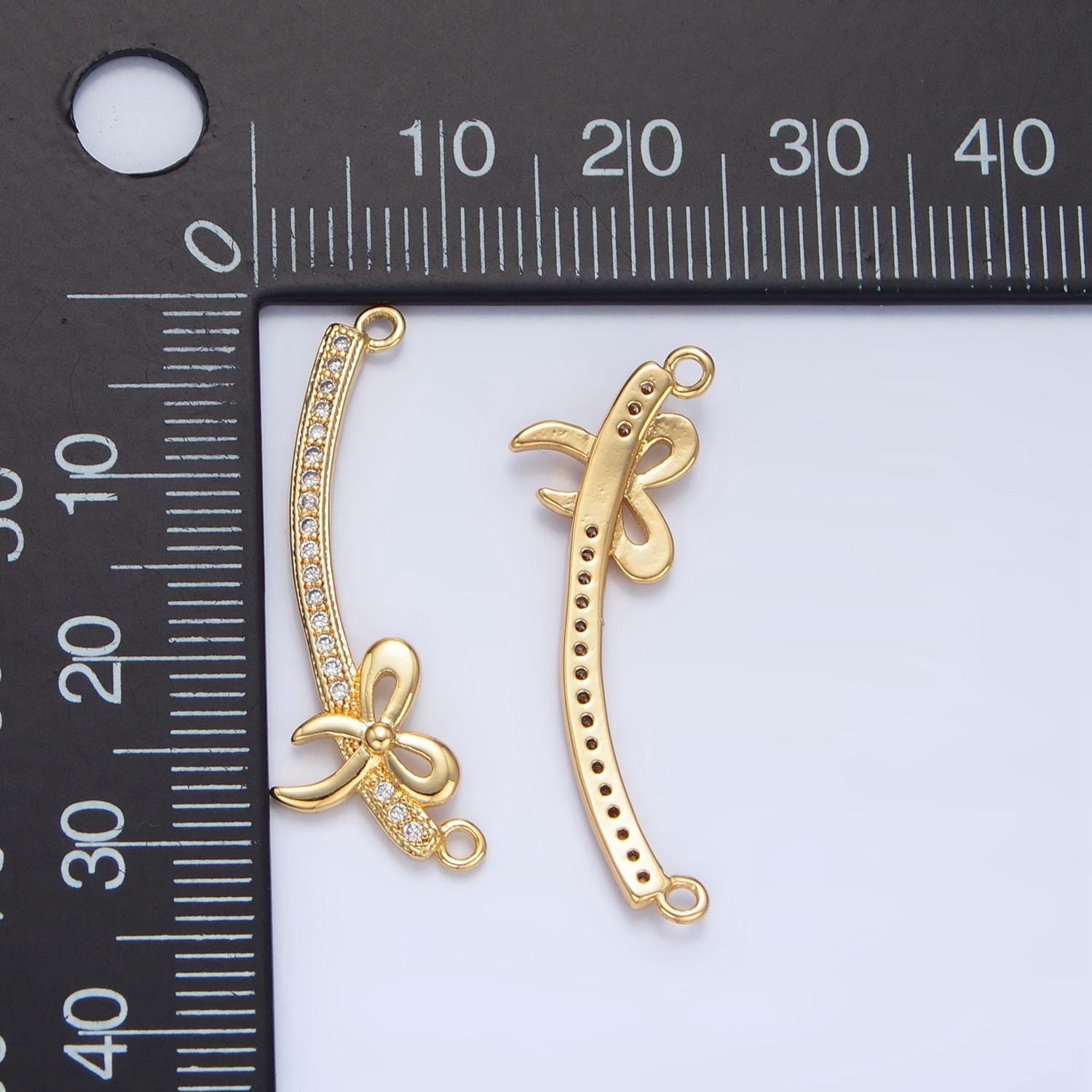 Curved bar micro paved cz + ribbon bow 24k gold filled connector | f-465