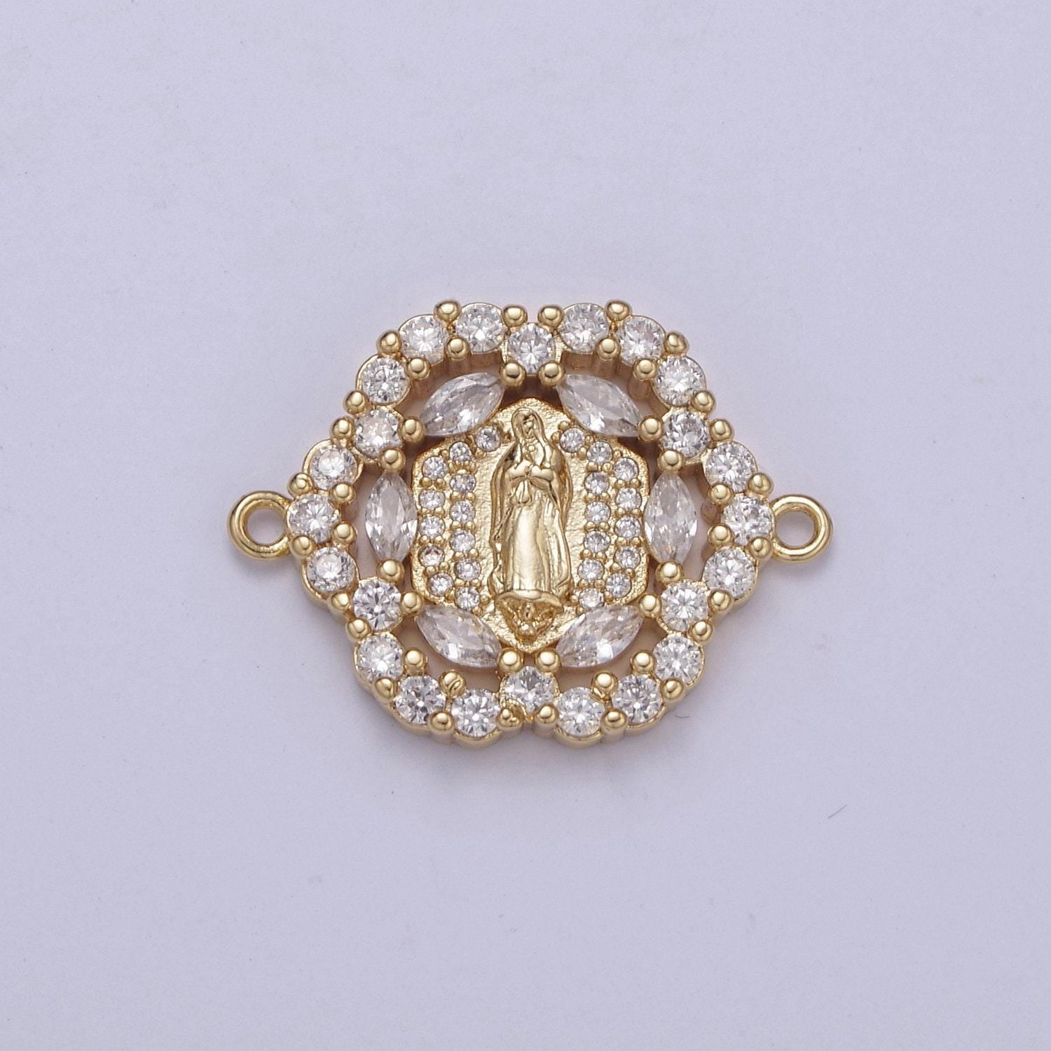 Dainty gold floral cubic virgin mary lady guadalupe charm connector for bracelet f-463