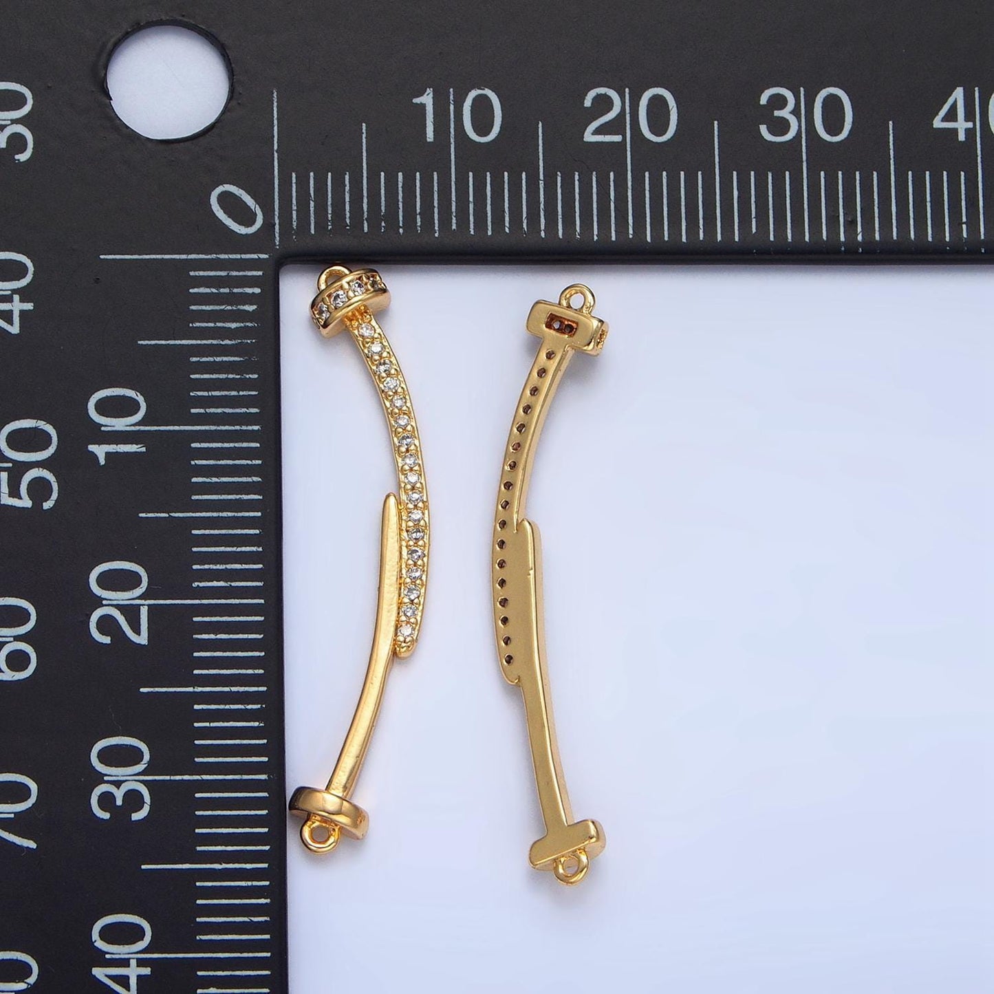 Curved double nail micro paved cz, 24k gold filled connector | f-458