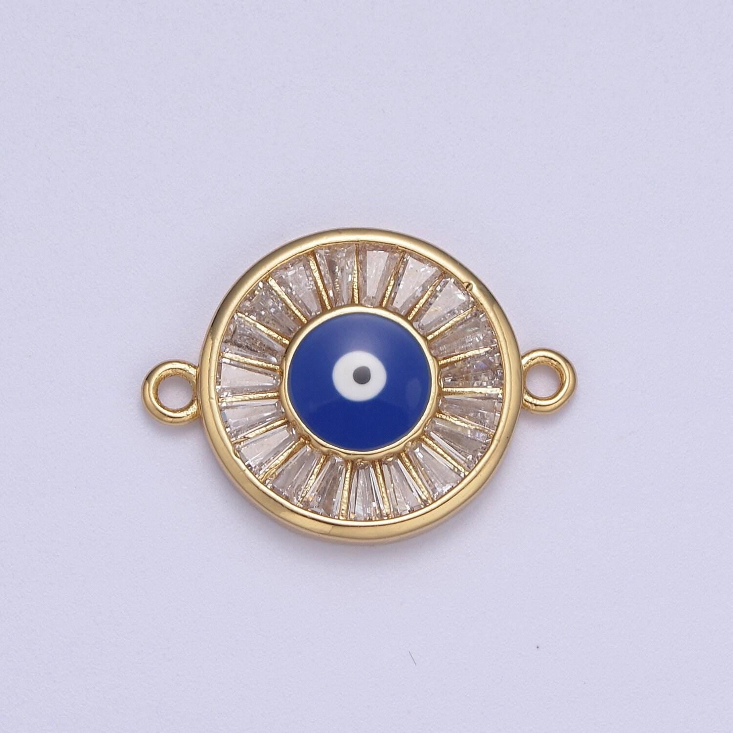 Gold pave cz evil eye charm connector with blue eye enamel link connector for bracelet f-230