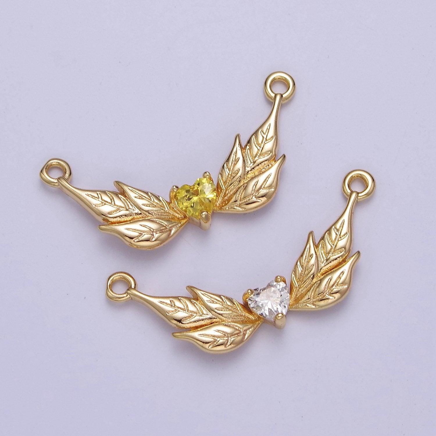 Gold angel charm connector yellow clear heart cz wing charms, gold angel wings, necklace bracelet link connector findings f-207 f-215