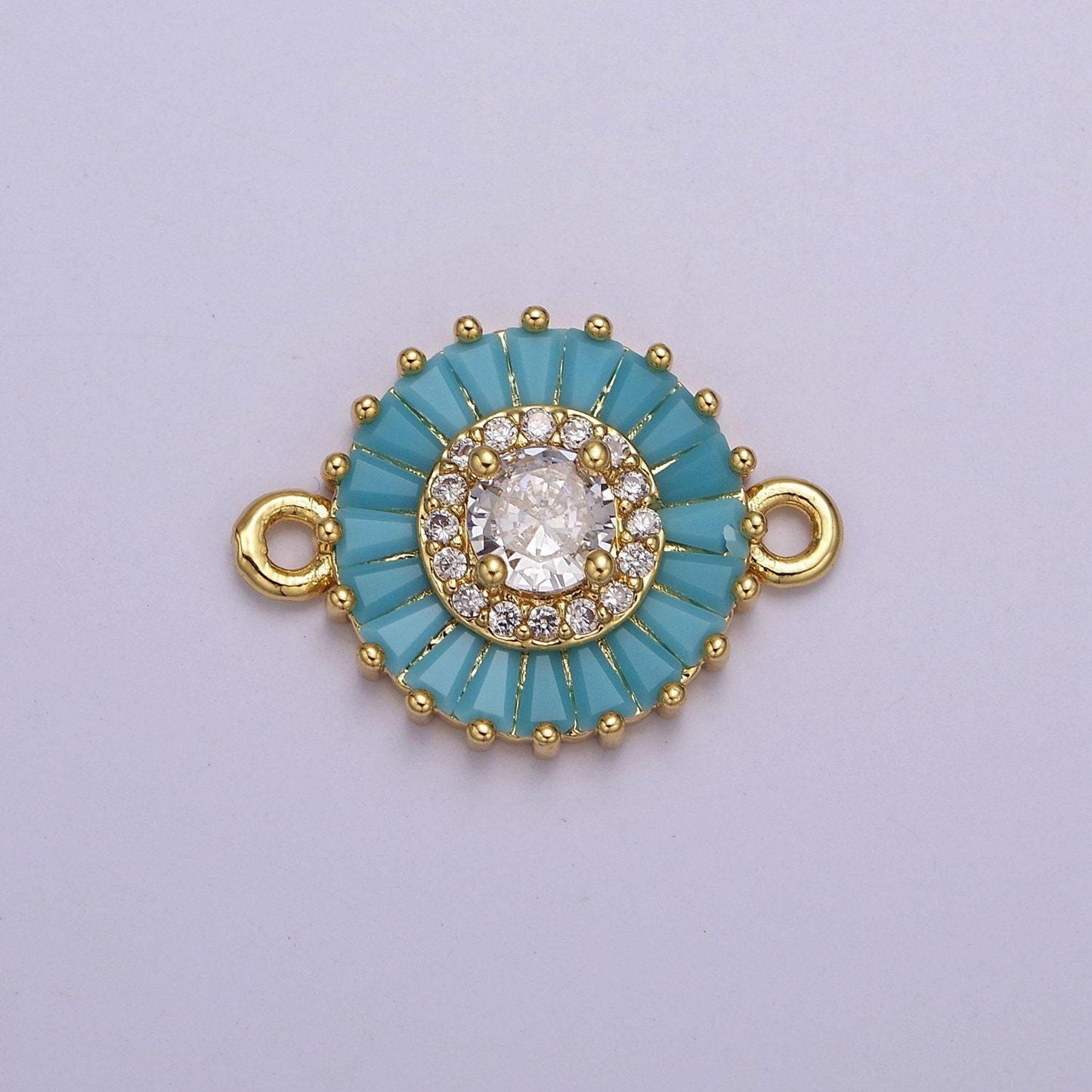 20.6x15.2mm 24k gold filled pave circle bracelet charm, baguette stone bracelet charm, two-hole round charm, pave sunburs link connector