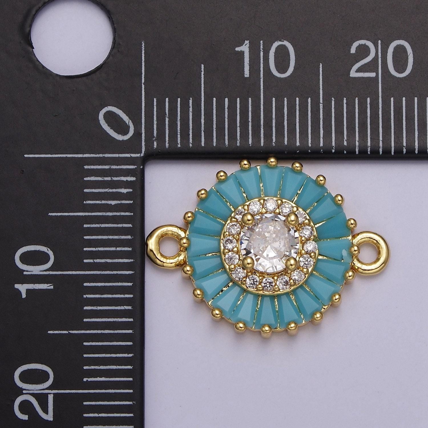 20.6x15.2mm 24k gold filled pave circle bracelet charm, baguette stone bracelet charm, two-hole round charm, pave sunburs link connector