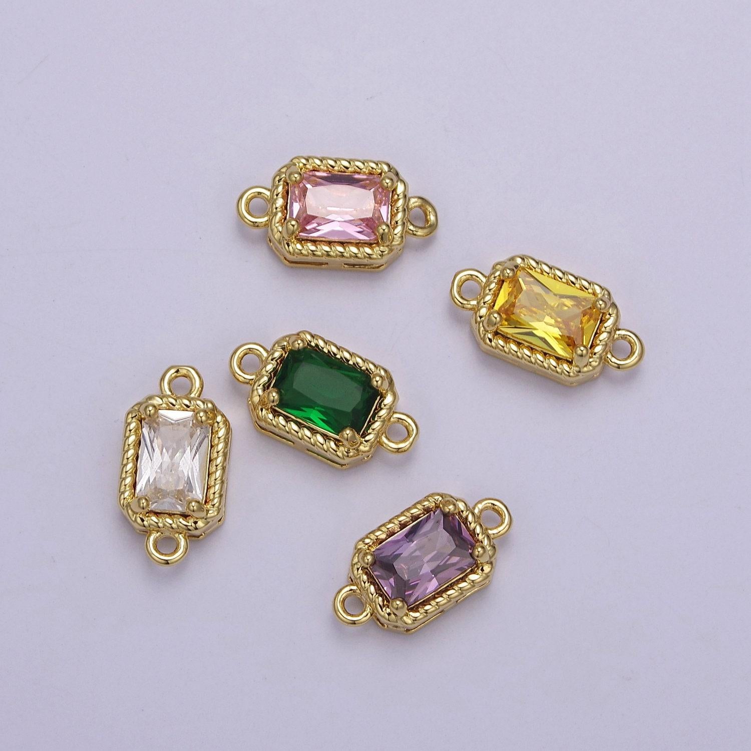 Tiny rectangle cz connector charm - for necklace, bracelet, earring - shiny gold connector for diy jewelry making craft supplies double hole