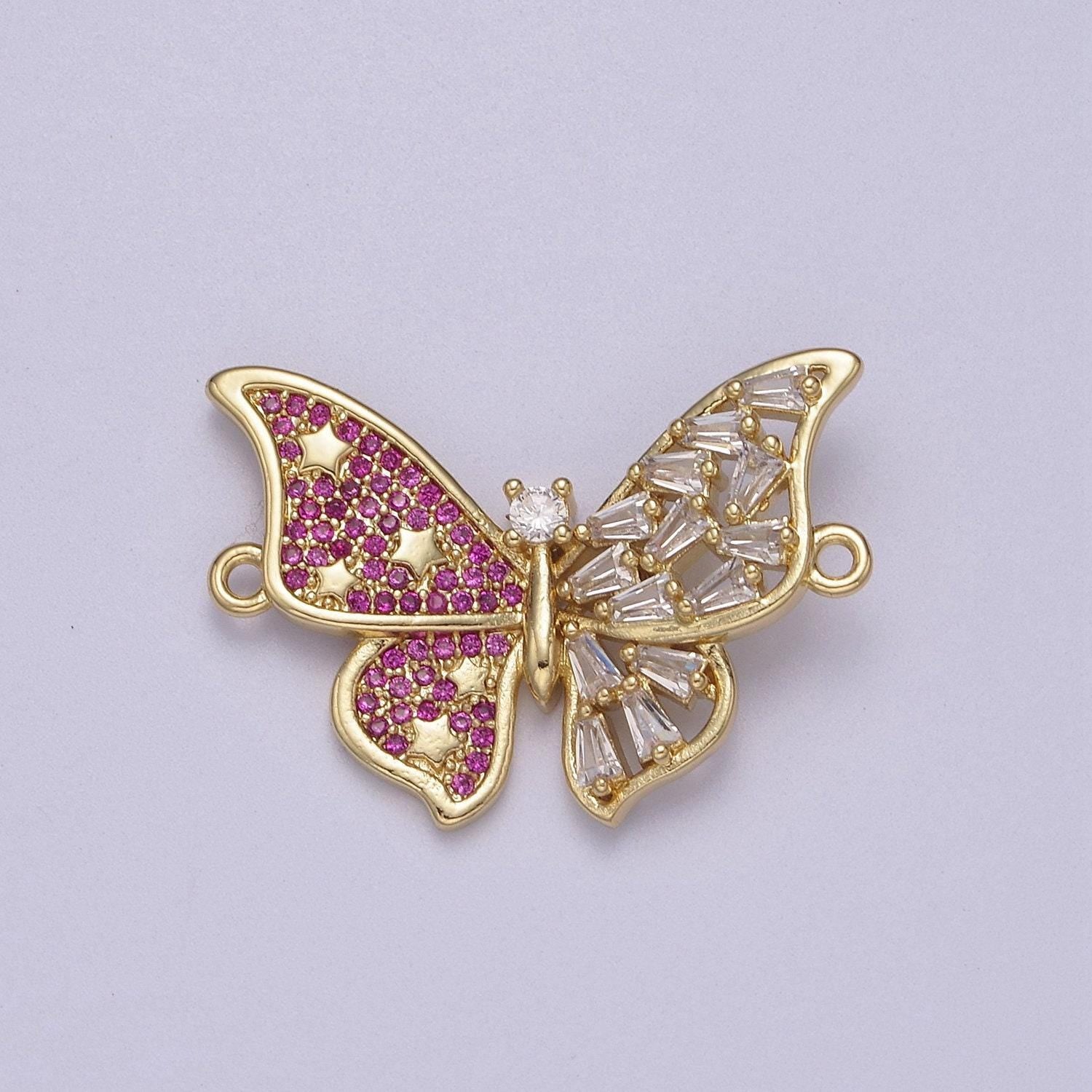 Pink gold butterfly clear cz micro pave charm connector baguette cluster link connector f-057