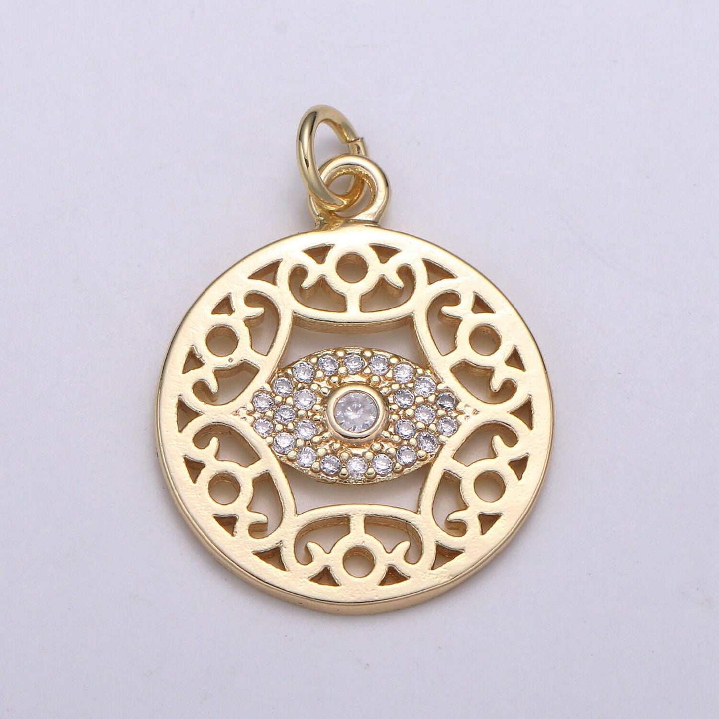Dainty gold evil eye charm, dream catcher gold pendant eye filigree charm minimalist jewelry making necklace, bracelet, chgf-2062