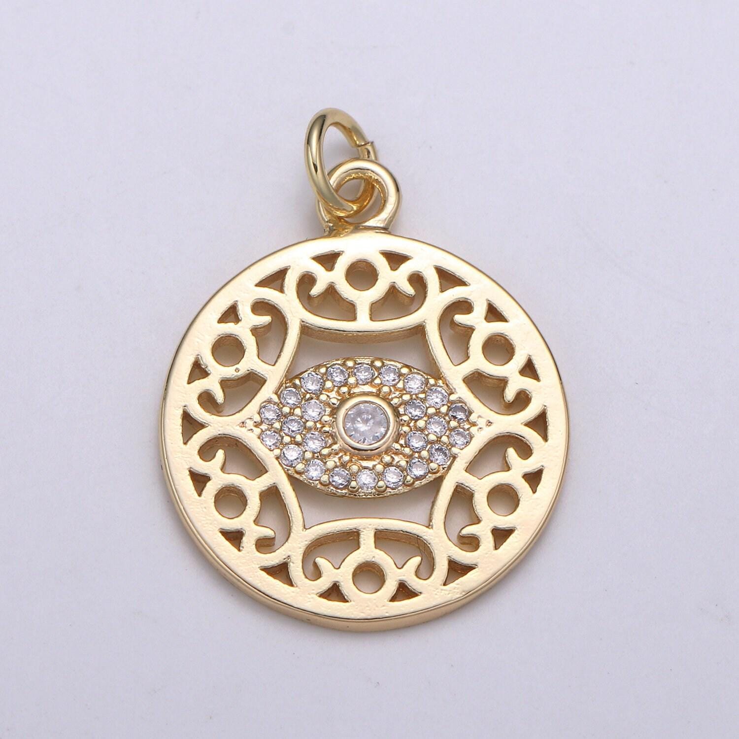 Dainty gold evil eye charm, dream catcher gold pendant eye filigree charm minimalist jewelry making necklace, bracelet, chgf-2062