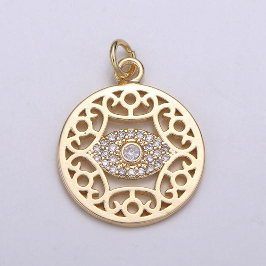 Dainty gold evil eye charm, dream catcher gold pendant eye filigree charm minimalist jewelry making necklace, bracelet, chgf-2062