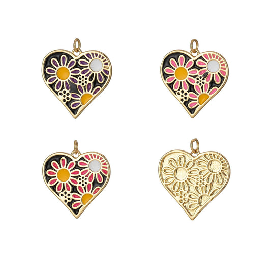 Mini gold heart garden flower charms, enamel colorful floral charm, gold love lock charm relationship jewelry inspired, 2255
