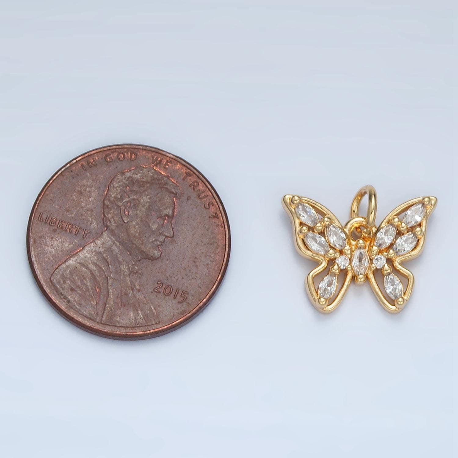 Open butterfly marquise cz paved 24k gold filled charm | e-848