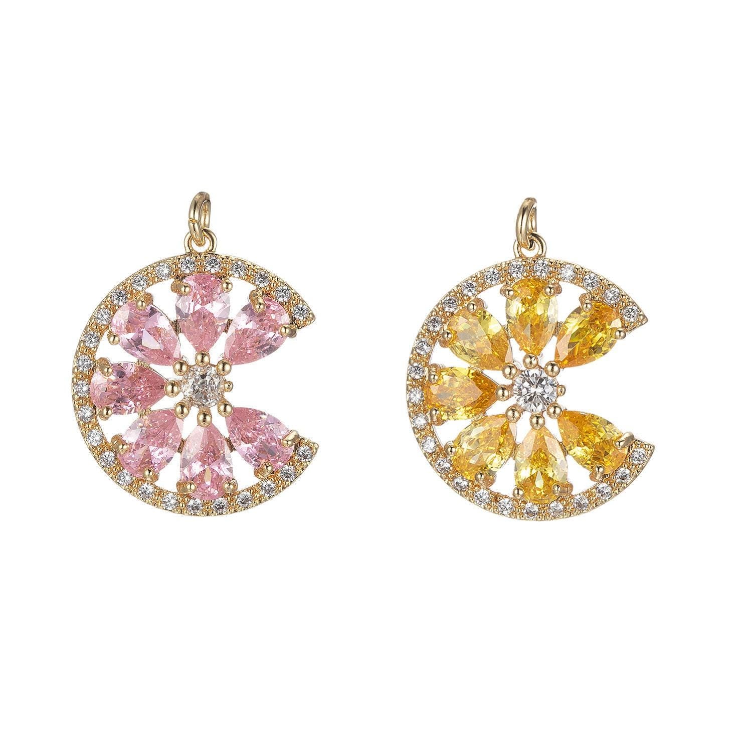 Cubic sun pendant sunburst charm necklace, celestial jewelry layering necklace, gifts for her pink yellow birthstone jewelry micro pave e843