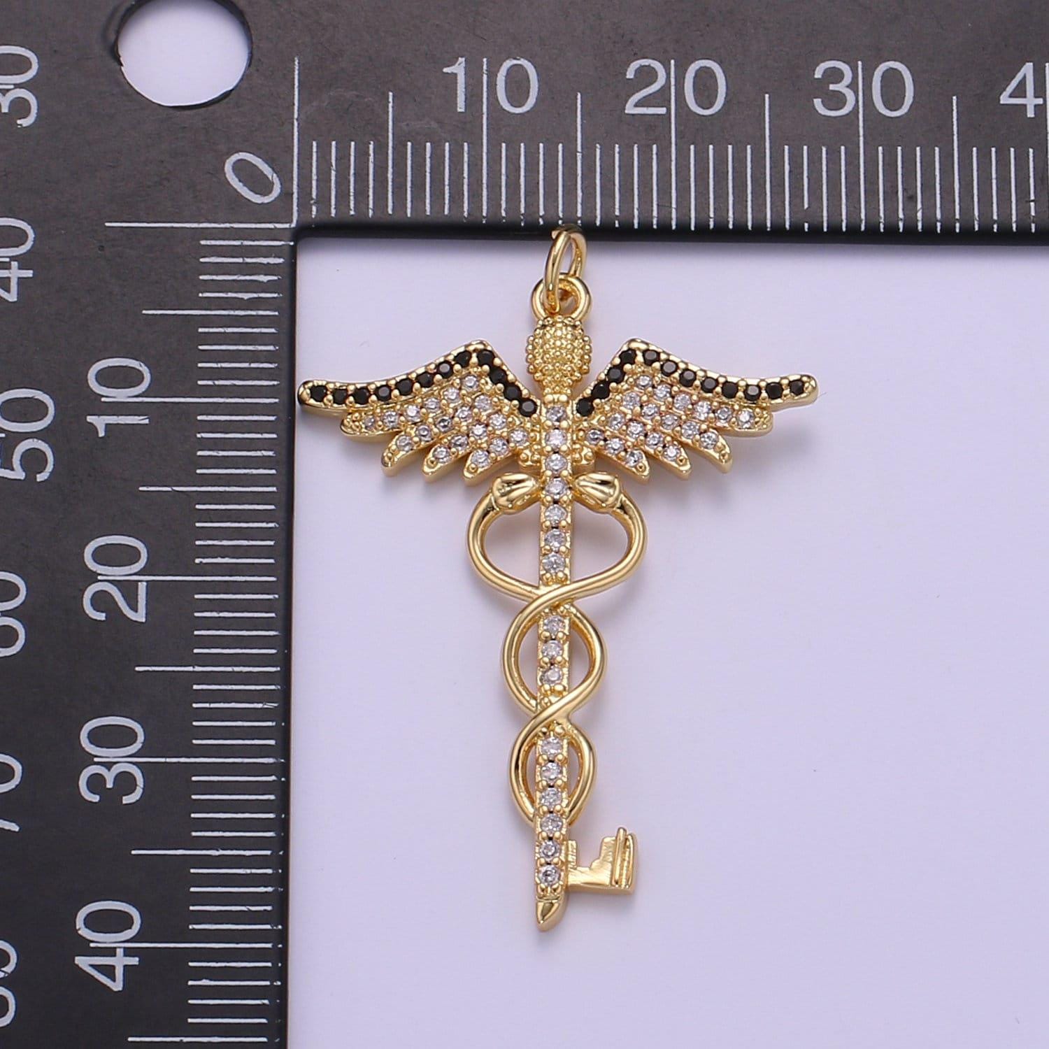 Gold caduceus pendant charm necklace career professional medical fashion jewelry for women gifts for her e817