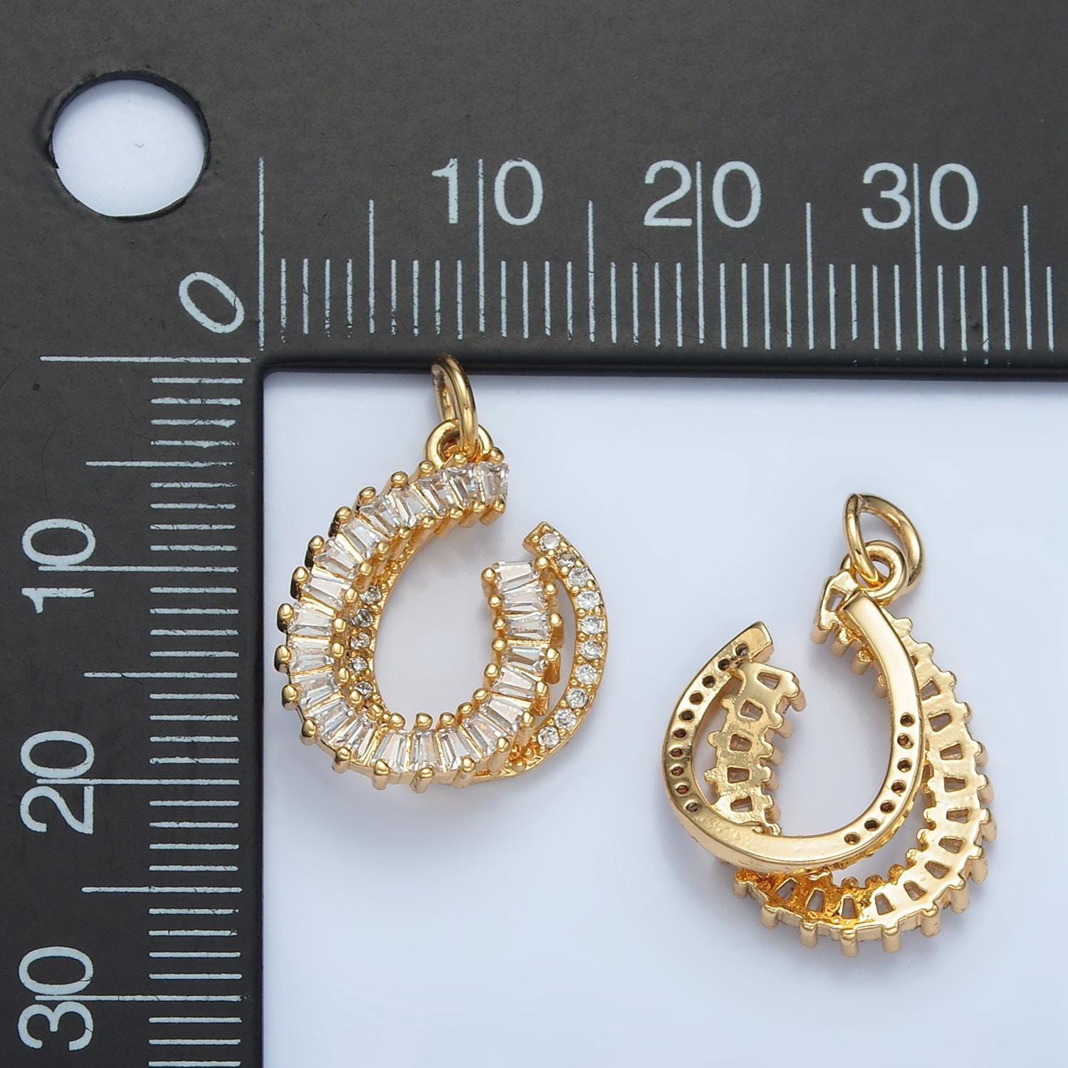 Double horseshoe baguette cz & micro paved cz, 24k gold filled charm | e-807