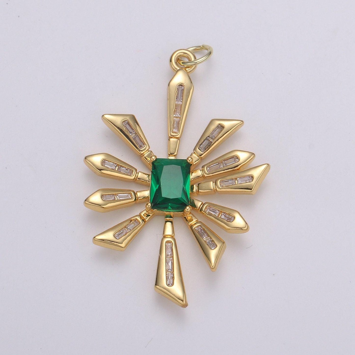Gold flower baguette cz green solitaire cz charm, star zirconia pendant, daisy cubic pave for diy craft making. chgf-2167