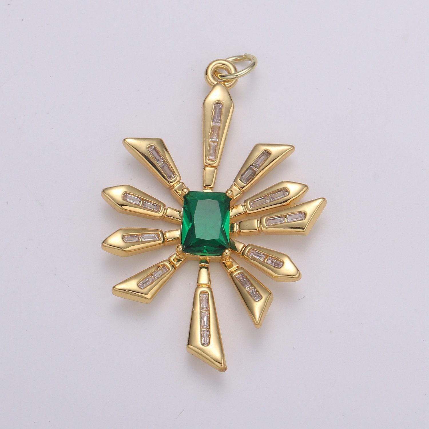 Gold flower baguette cz green solitaire cz charm, star zirconia pendant, daisy cubic pave for diy craft making. chgf-2167