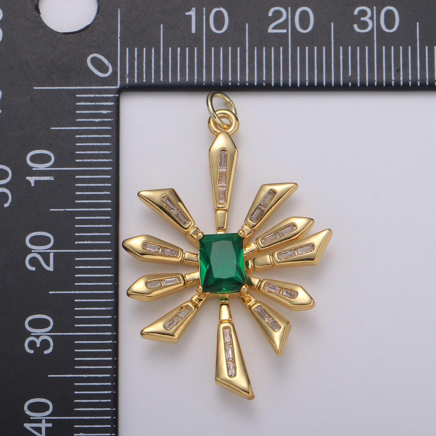Gold flower baguette cz green solitaire cz charm, star zirconia pendant, daisy cubic pave for diy craft making. chgf-2167