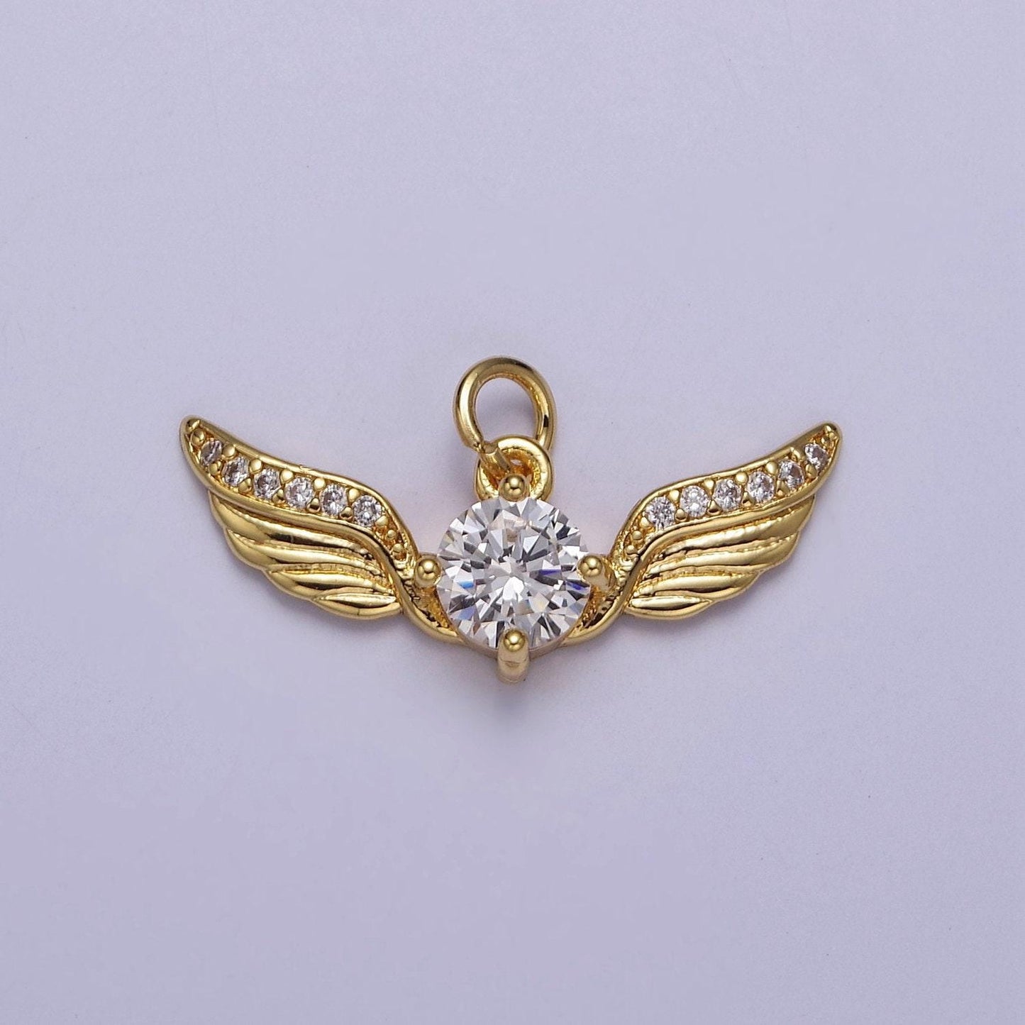 Golden angel wing with round cubic zirconia cz, feather wing charm for jewelry necklace bracelet making, e-747