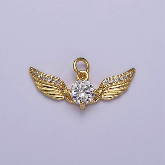 Golden angel wing with round cubic zirconia cz, feather wing charm for jewelry necklace bracelet making, e-747