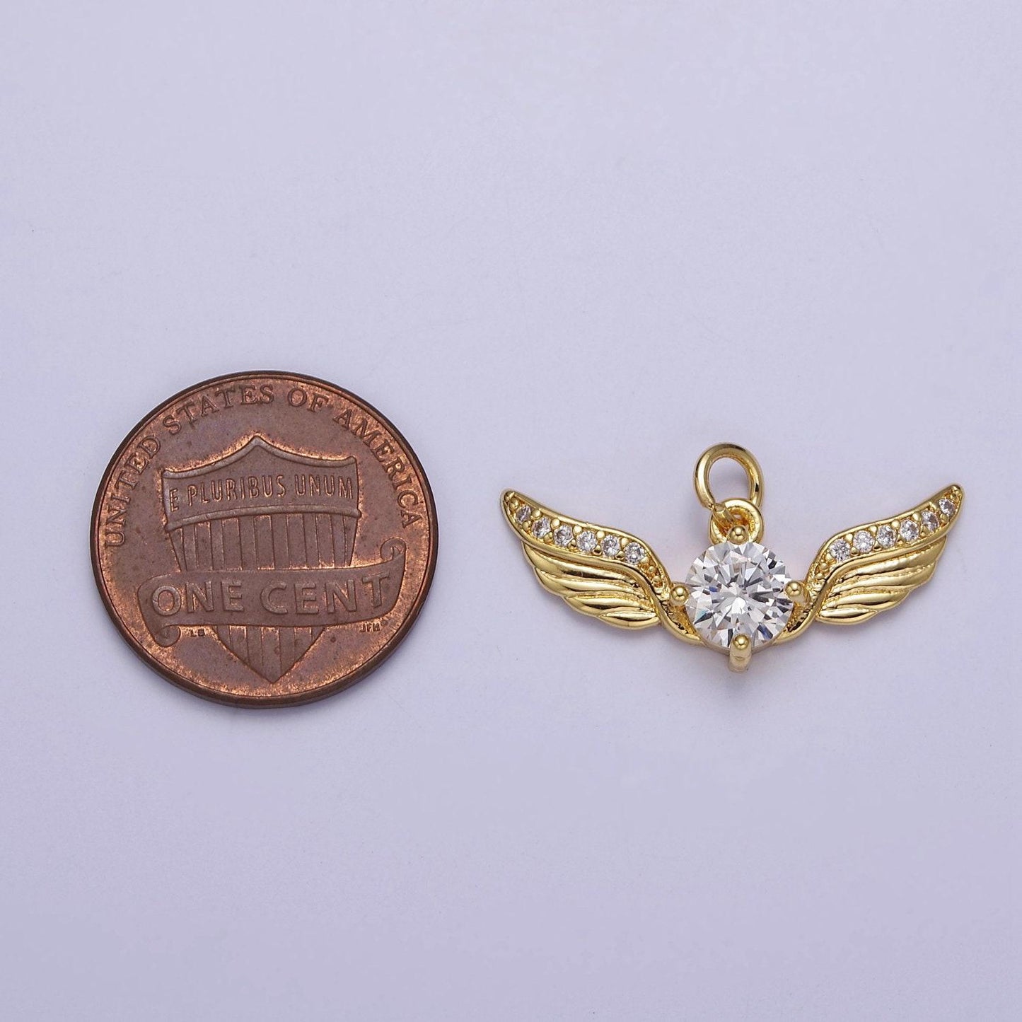 Golden angel wing with round cubic zirconia cz, feather wing charm for jewelry necklace bracelet making, e-747