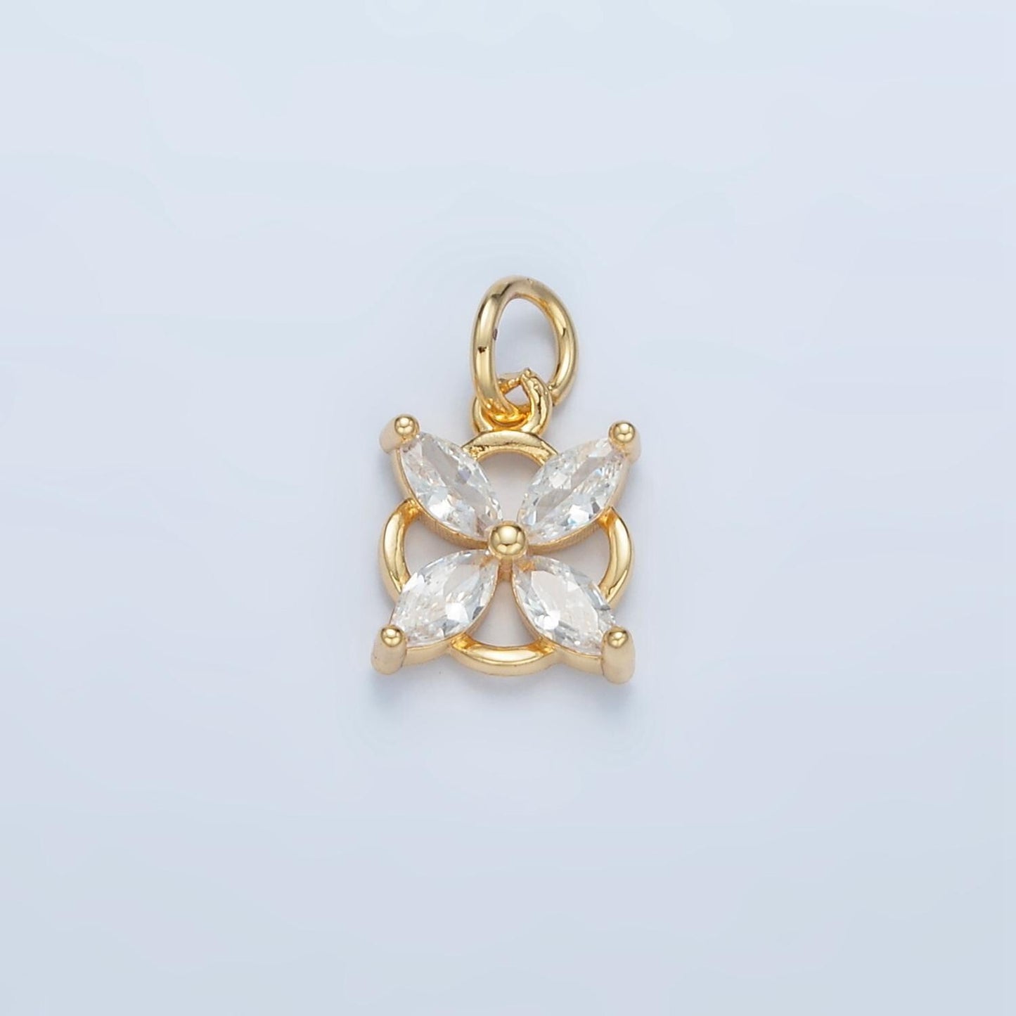 Tiny 4-petal cz flower, open back rim gold filled floral charm | e-731