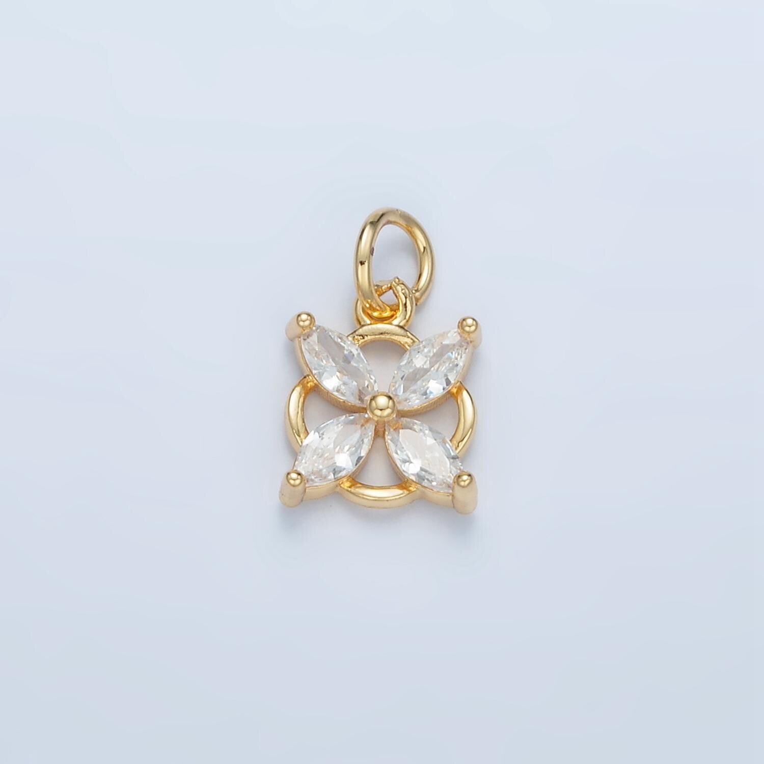 Tiny 4-petal cz flower, open back rim gold filled floral charm | e-731