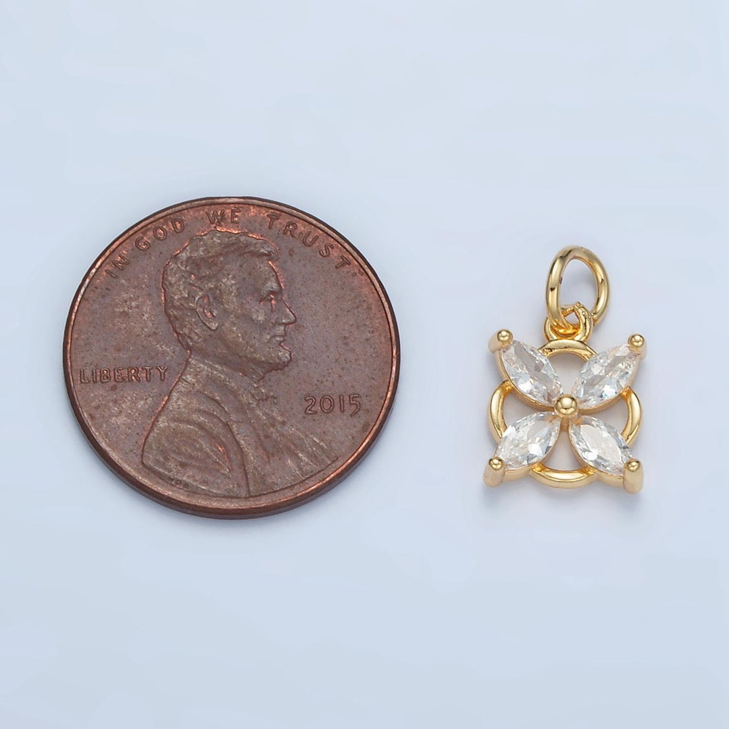 Tiny 4-petal cz flower, open back rim gold filled floral charm | e-731