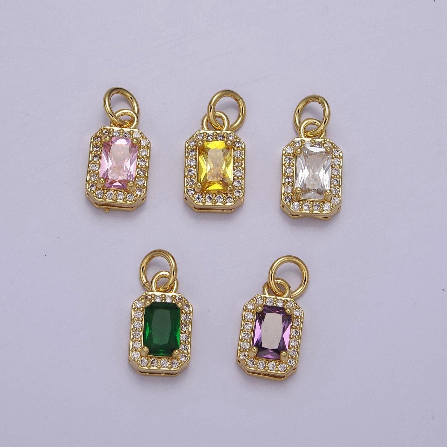 Dainty rectangle birthstone charm ,mini clear green pink purple yellow cz pendant for personalized jewelry making e-71