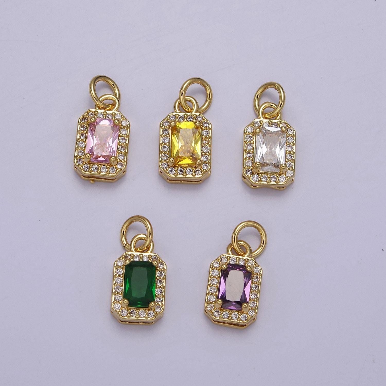 Dainty rectangle birthstone charm ,mini clear green pink purple yellow cz pendant for personalized jewelry making e-71