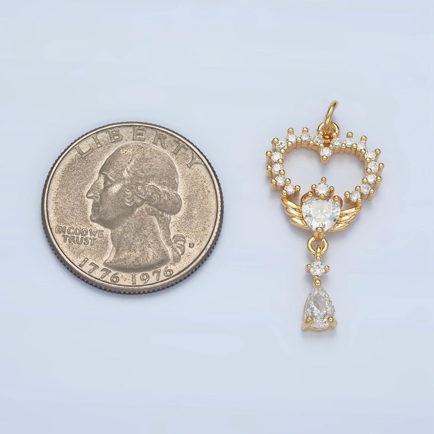 Cz paved angel heart teardrop drop, gold filled dangle pendant | e-689