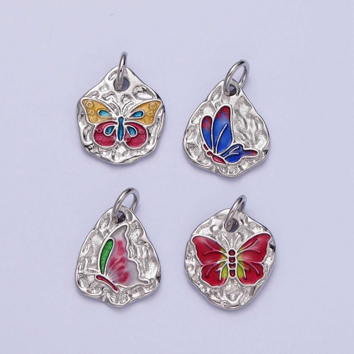 Cute silver butterflies abstract shaped pendant, white gold filled colorful enamel mariposa butterfly textured hammered medallion charm