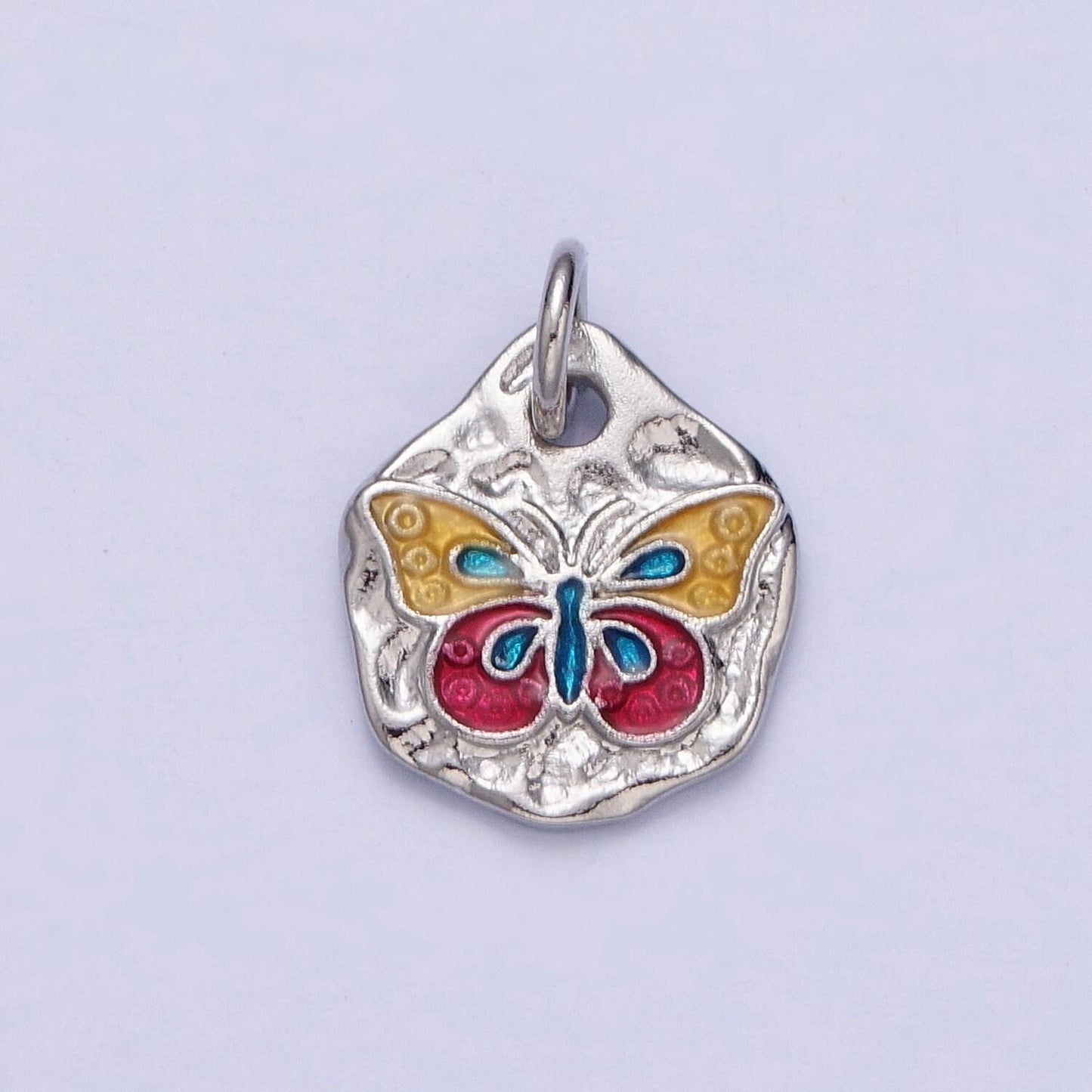Cute silver butterflies abstract shaped pendant, white gold filled colorful enamel mariposa butterfly textured hammered medallion charm