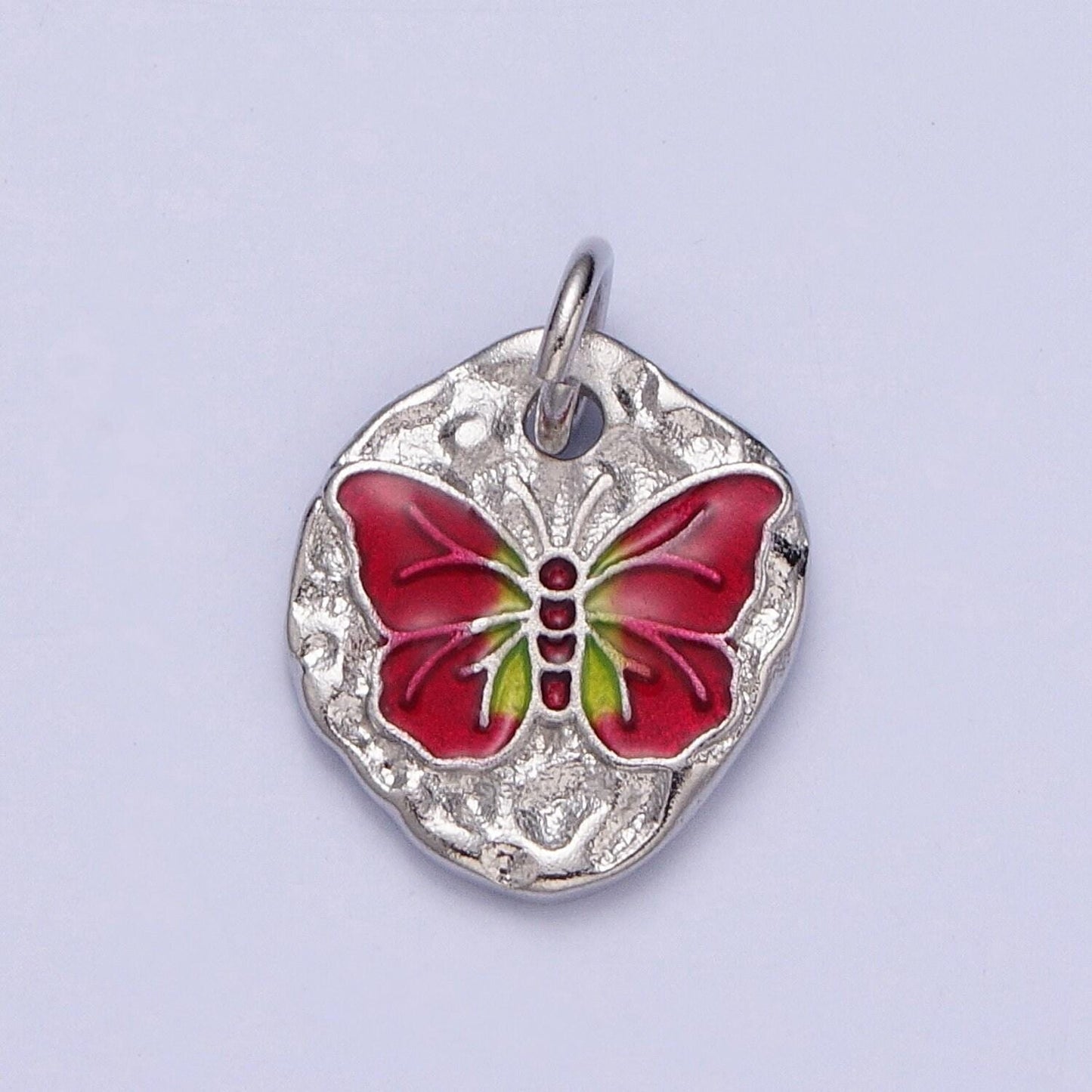 Cute silver butterflies abstract shaped pendant, white gold filled colorful enamel mariposa butterfly textured hammered medallion charm