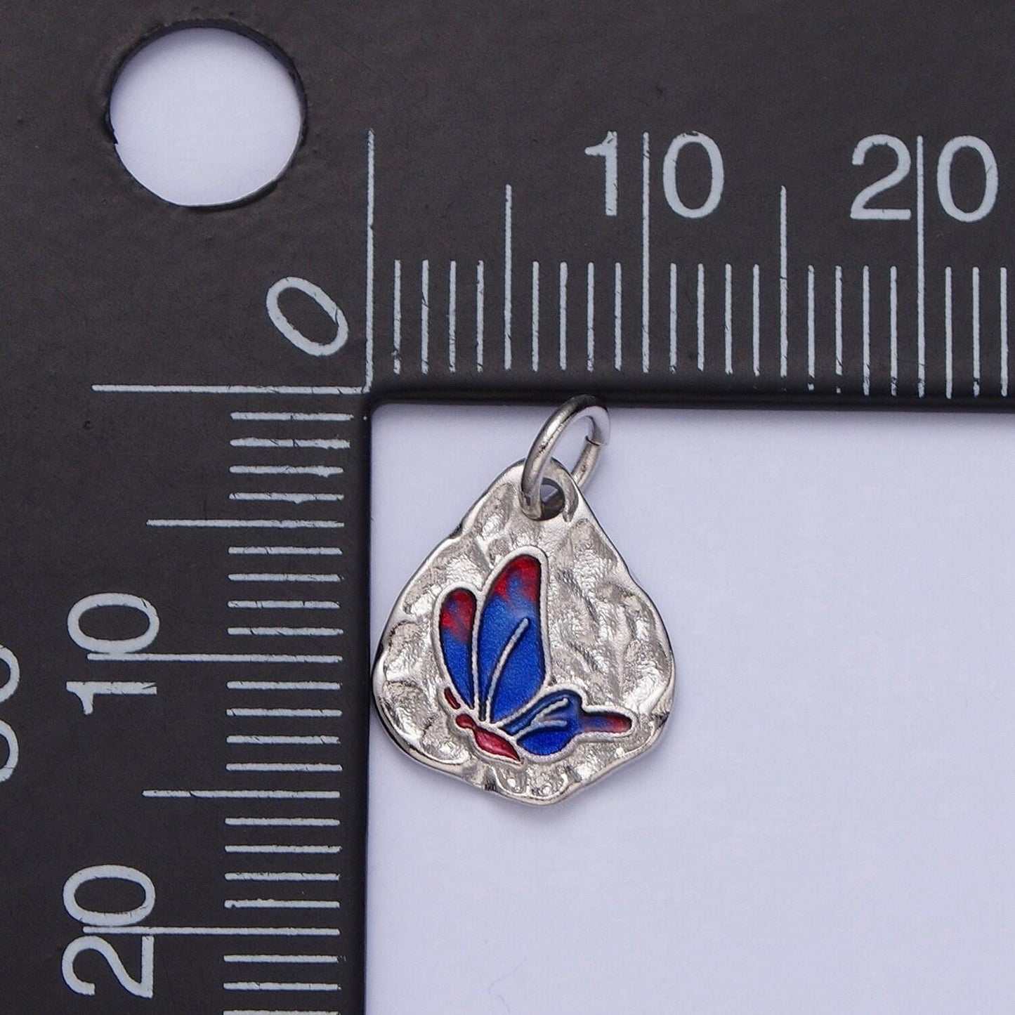 Cute silver butterflies abstract shaped pendant, white gold filled colorful enamel mariposa butterfly textured hammered medallion charm