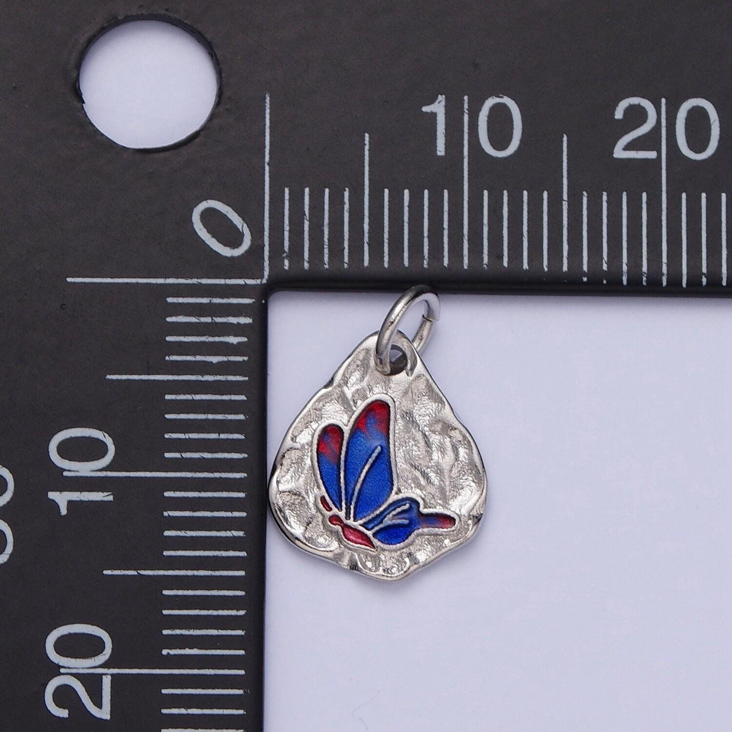 Cute silver butterflies abstract shaped pendant, white gold filled colorful enamel mariposa butterfly textured hammered medallion charm