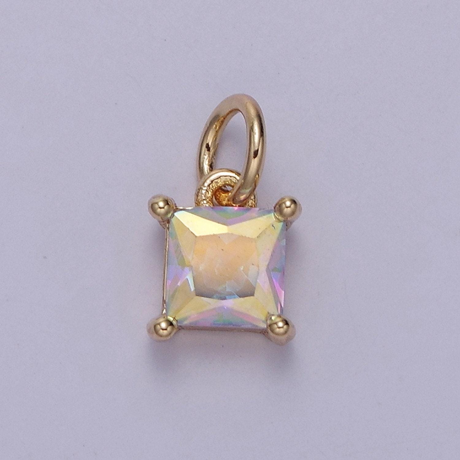 Mini square rainbow ab charm cz charm, aurore boreale cubic zirconia charm, jewelry 18k gold filled