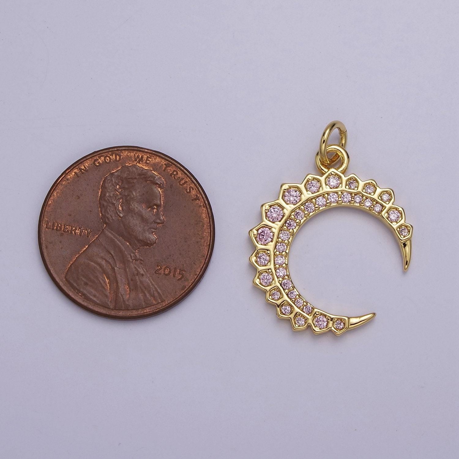 Dainty crescent moon charm with pink cz stone for celestial jewelry e-649